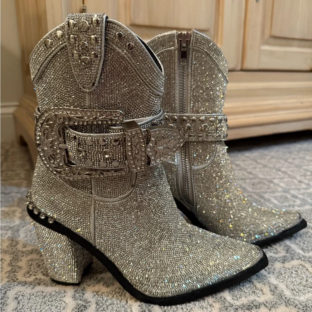Dolls Kill Silver Rhinestone Ankle Boots - Picture 1 of 8